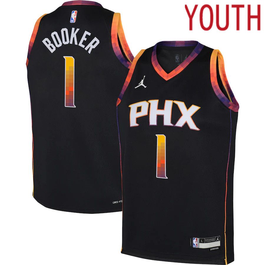 Youth Phoenix Suns 1 Devin Booker Jordan Brand Black 2022-23 Swingman NBA Jersey